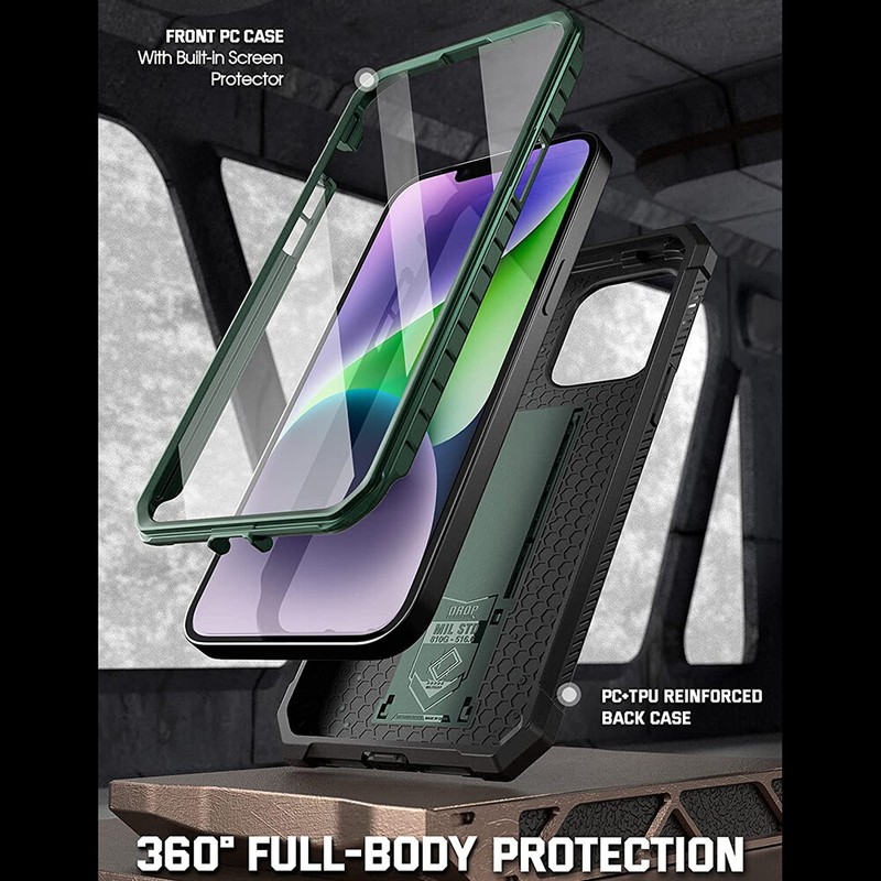 For iPhone 14 Case | Poetic HeavyDuty Rugged Cover with Kickstand Metallic Green gallery