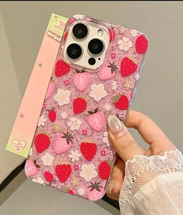 Strawberry Glitter Cartoon Pink TPU Charm Hard Case For iPhone gallery