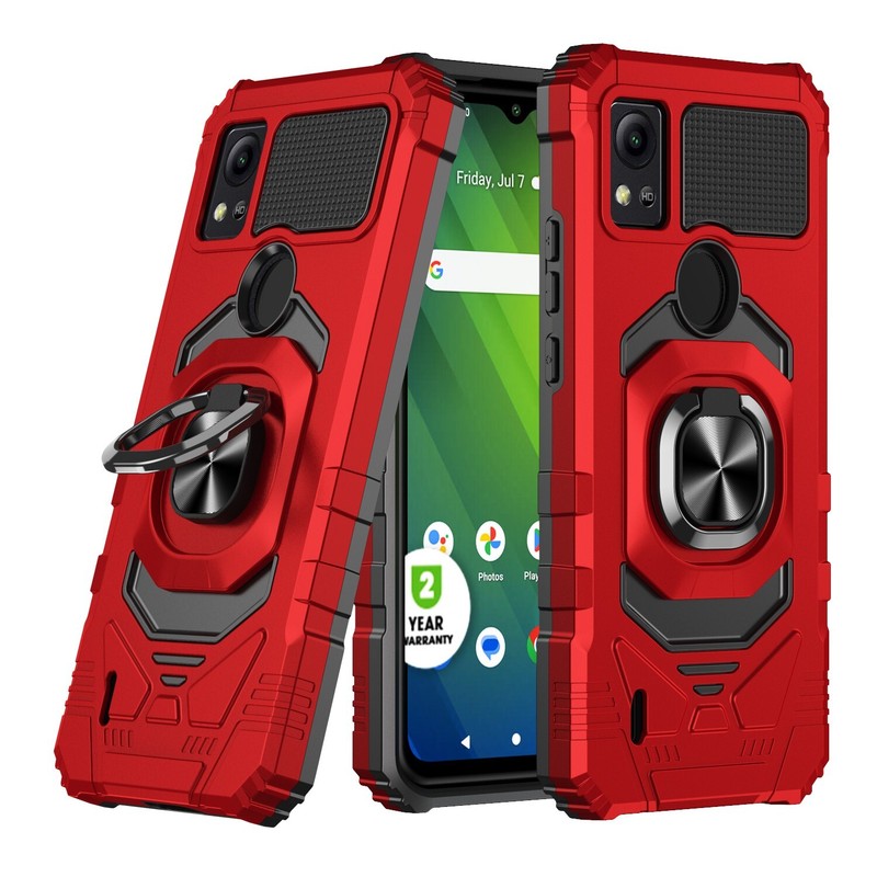 For Cricket Icon 5, Motivate 4, Tough Hybrid With Ring Stand Case + Temper Glass