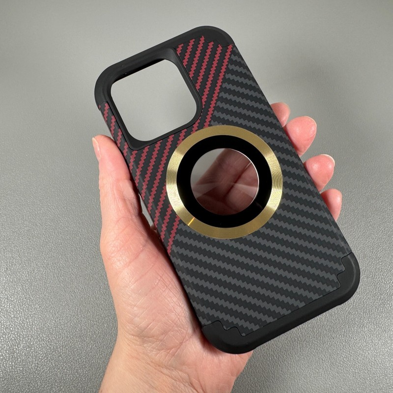 Case for iPhone 14 Pro - Red Carbon Fiber Pattern | Gold Magnetic Circle gallery