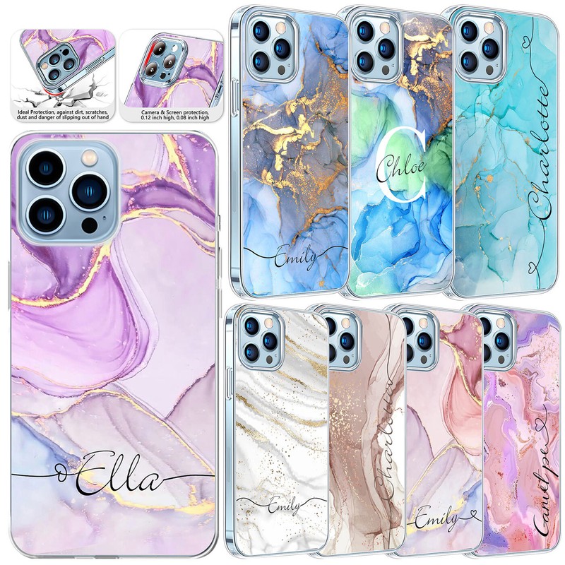 Marble Printed Phone Case Personalized Name Cover For iPhone 15 Pro Max 14 13 12