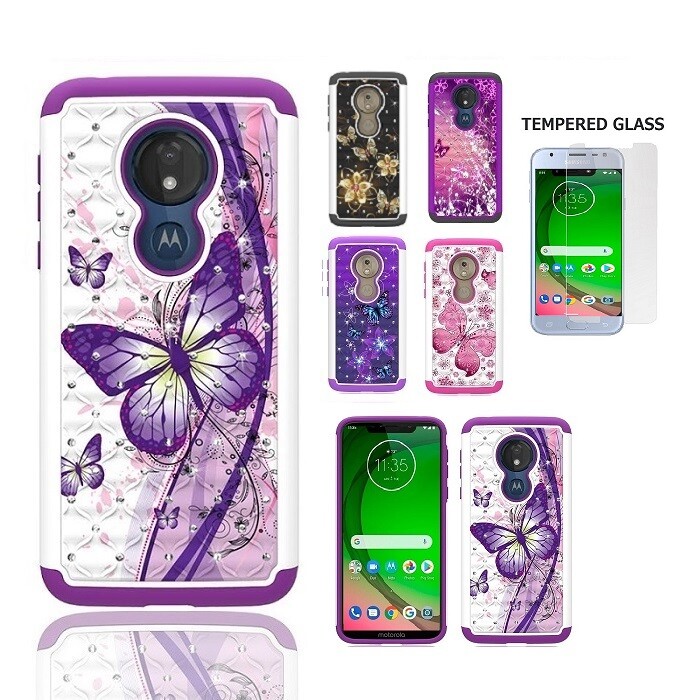 For Moto g7 Optimo Studded Rhinestone Crystal Bling Cover + Tempered Glass