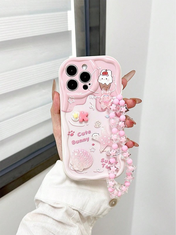 Pink Cute Bunny Starfish Shell Case With Beaded Chain For Galaxy A12 4G