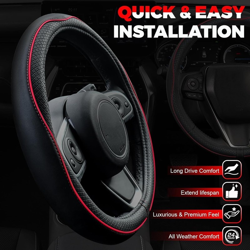 Car Steering Wheel Cover, Microfiber Leather Steering Wheel Covers with Red line gallery