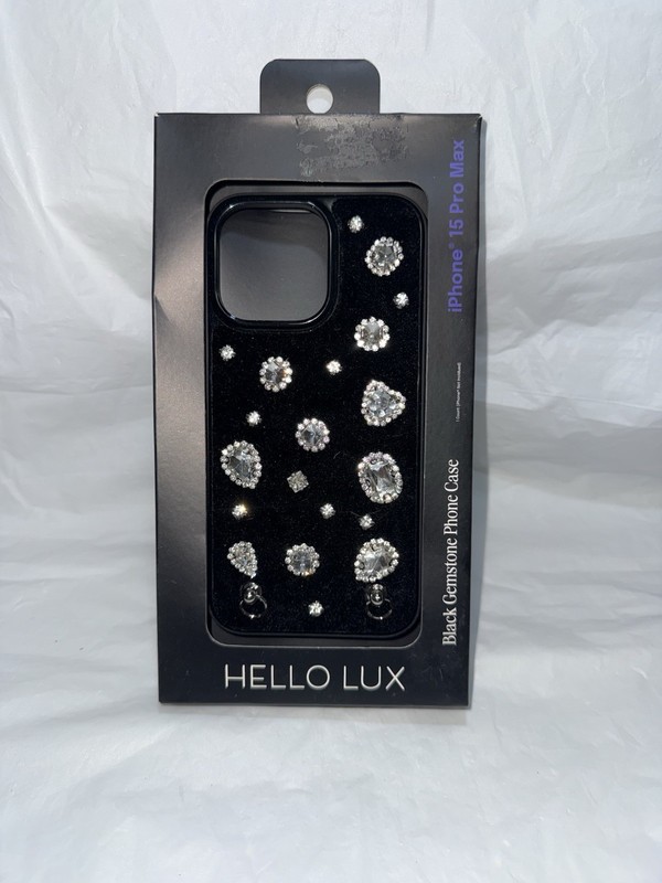 HELLO LUX Black Gemstone Bling Phone Case iPhone 15 Pro Max Drop Protection