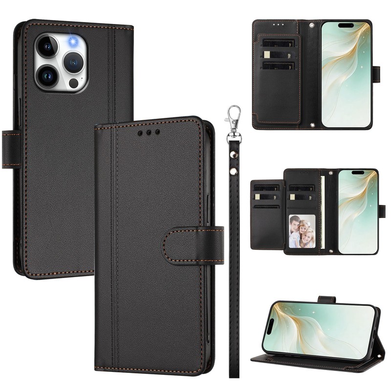 For Various Phone Leather 9 Cards Wallet Case Flip Stand Phone Cover +Hand Strap