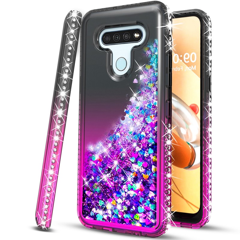 For LG K51 Phone Case Cover Shockproof Liquid Glitter + Glass Screen Protector