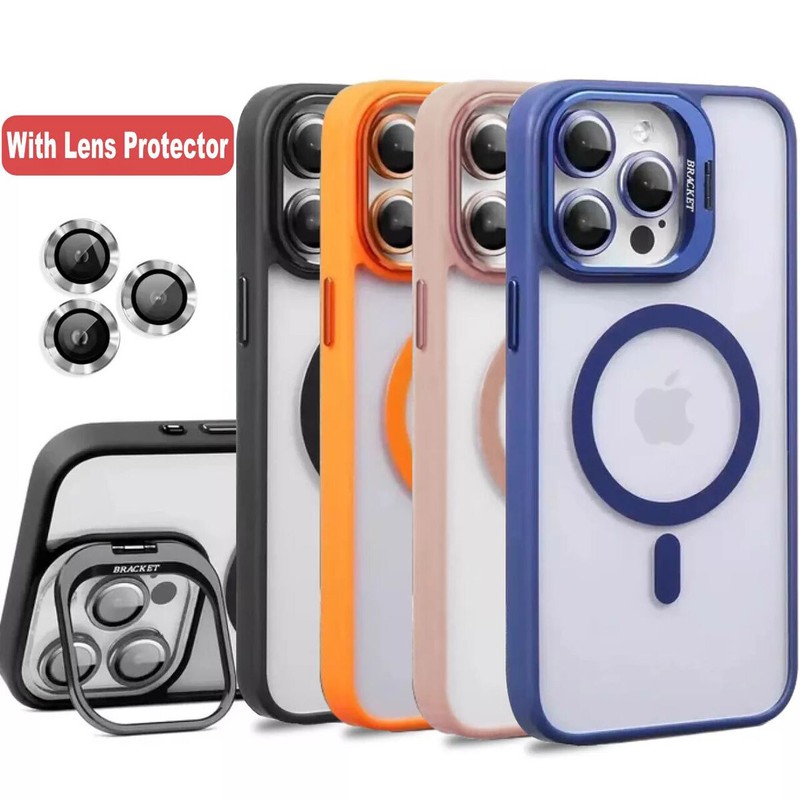 Camera Stand Mag Safe Case for iPhone 16 Pro Max 15 Pro 14 13Plus+Lens Protector