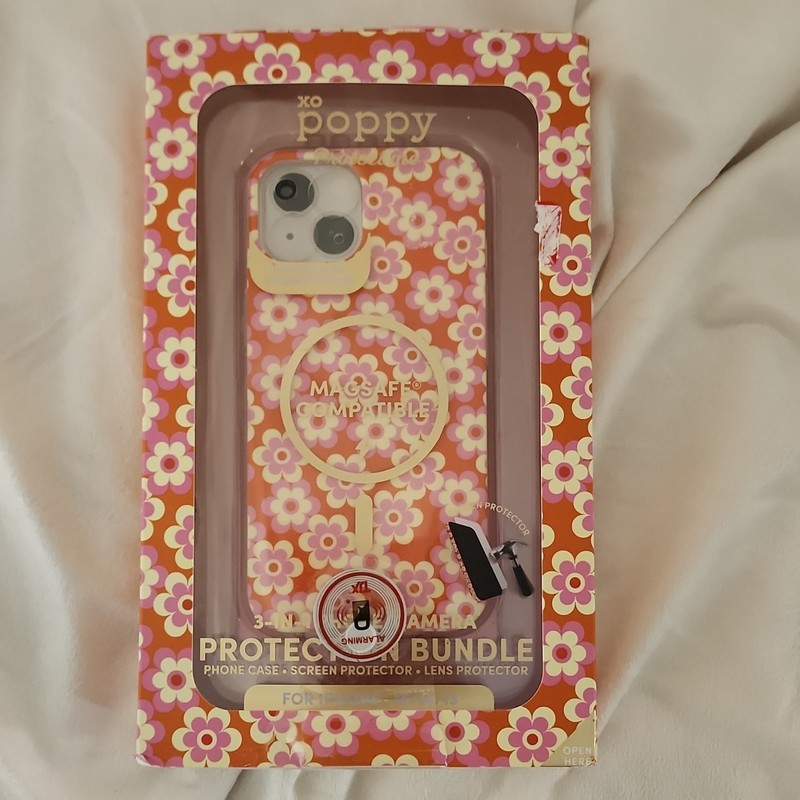 XO Poppy Floral Case Bundle for iPhone 15/14/13 Pink Orange White + Protectors