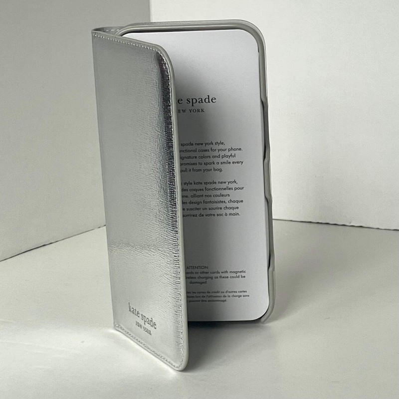 Kate Spade iPhone 16 Pro Max Folio Wrap Case Metallic Silver Faux Leather gallery
