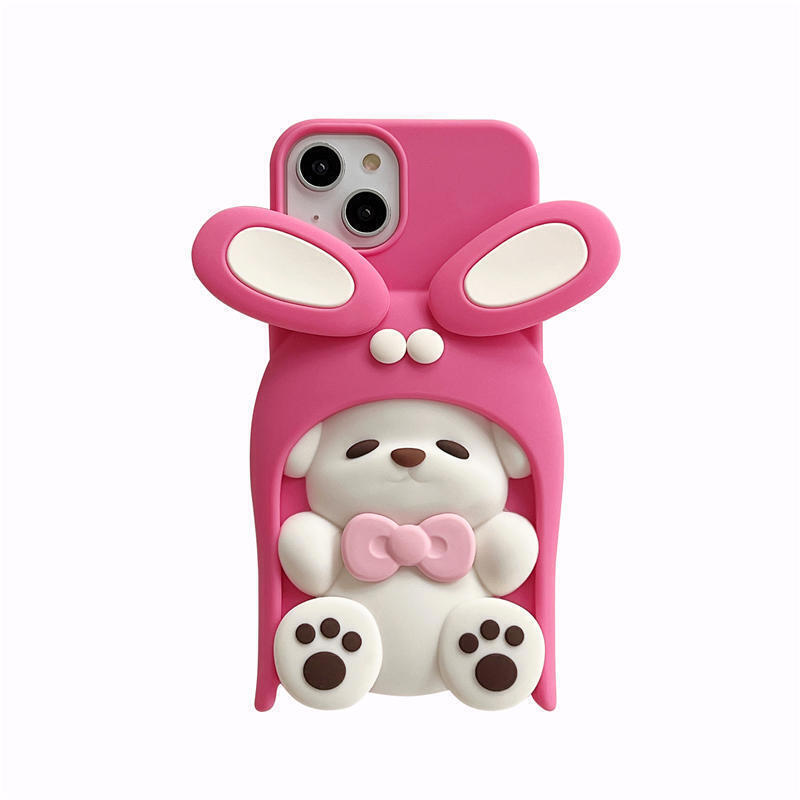 Cartoon 3D Rotatable EAR Rabbit Puppy Soft Cover Case For iPhone 15 16 Pro Max gallery