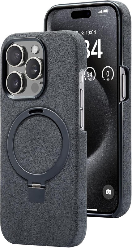 Alcantara iPhone 15 Pro Case Black | Handmade Suede Magsafe Cover w/ Ring