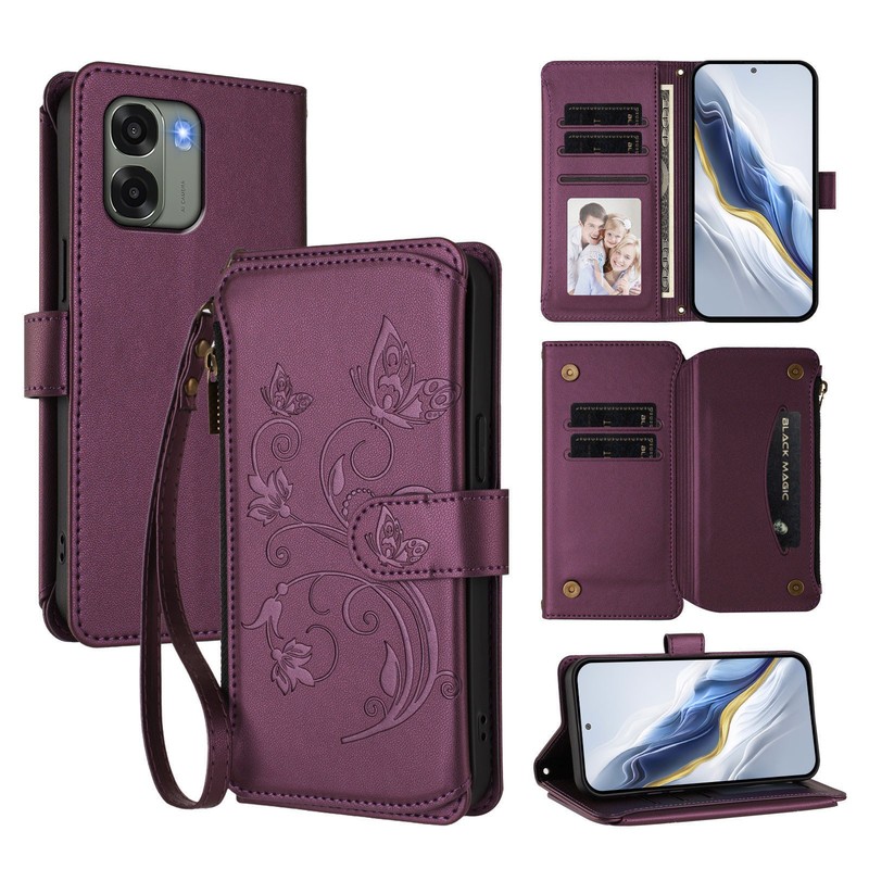 For iPhone Samsung Honor Zipper Leather Flip Card Wallet Case Stand Cover Women