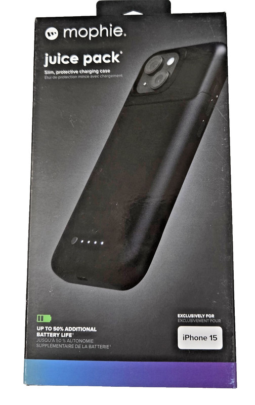 Mophie Juice Pack Battery iPhone 15 Case Black 2400 mAh USB-C Drop Protection