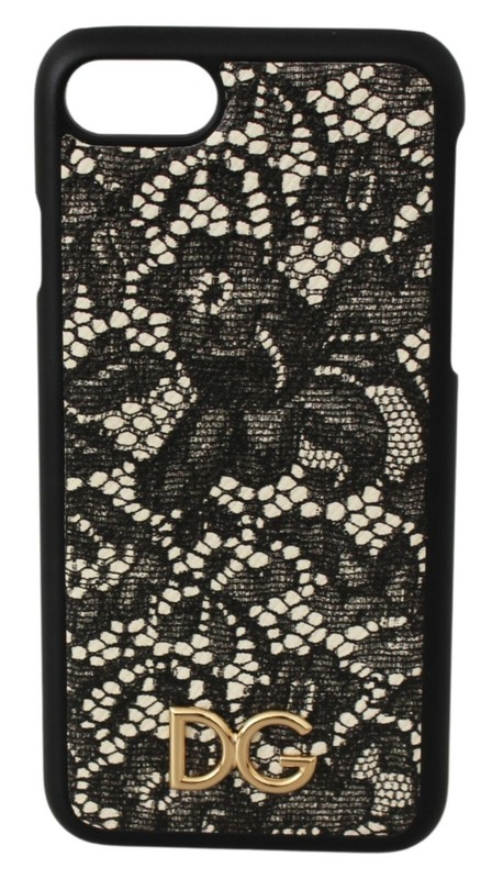 DOLCE & GABBANA Phone Case Cover Black White Lace Leather iPhone 7-8 RRP $200