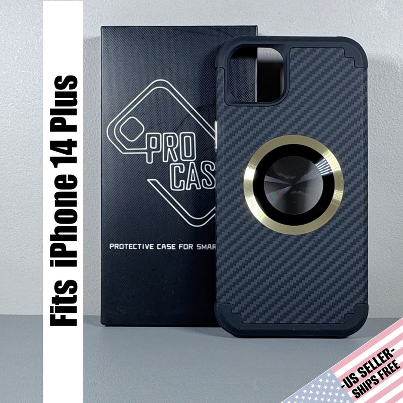 Case for iPhone 14 Plus – Black Carbon Fiber Pattern | Gold Magnetic Circle