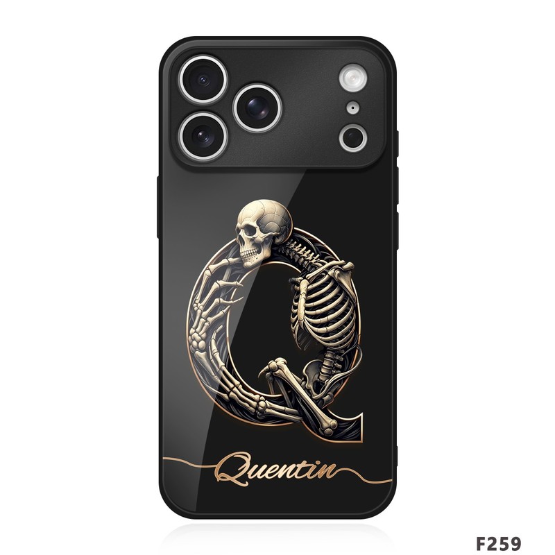 Skeleton Custom Initials Name Tempered Glass Cover For iPhone 15 16 Pro 17 Case