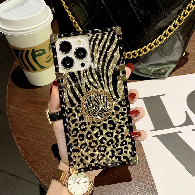For iPhone 16 Pro Max 15 14 13 12 11 XS Glitter Bling Gold Leopard Case w/ Ring