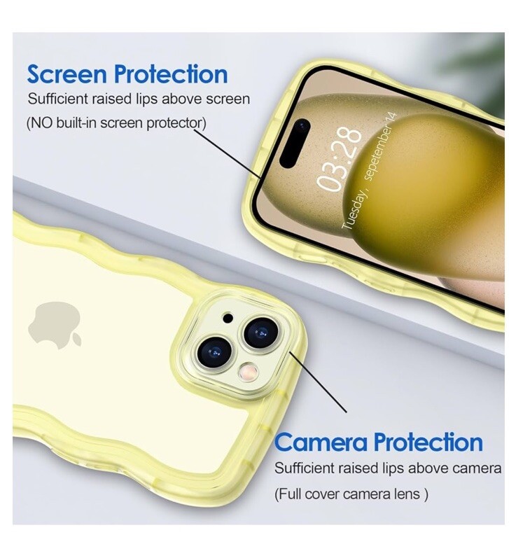 iPhone 15 Plus, Case, Wavy Edge Clear Back Design, Curly Frame Shape, (Yellow) gallery