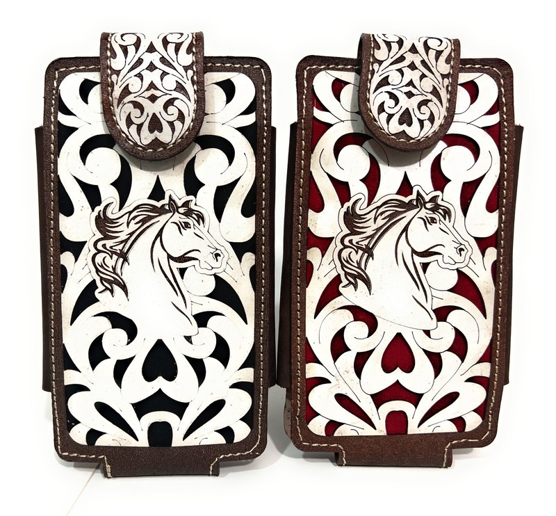 GENUINE LEATHER HORSE WESTERN PHONE CASE XL, FUNDA VAQUERA DE CUERO CON CABALLO