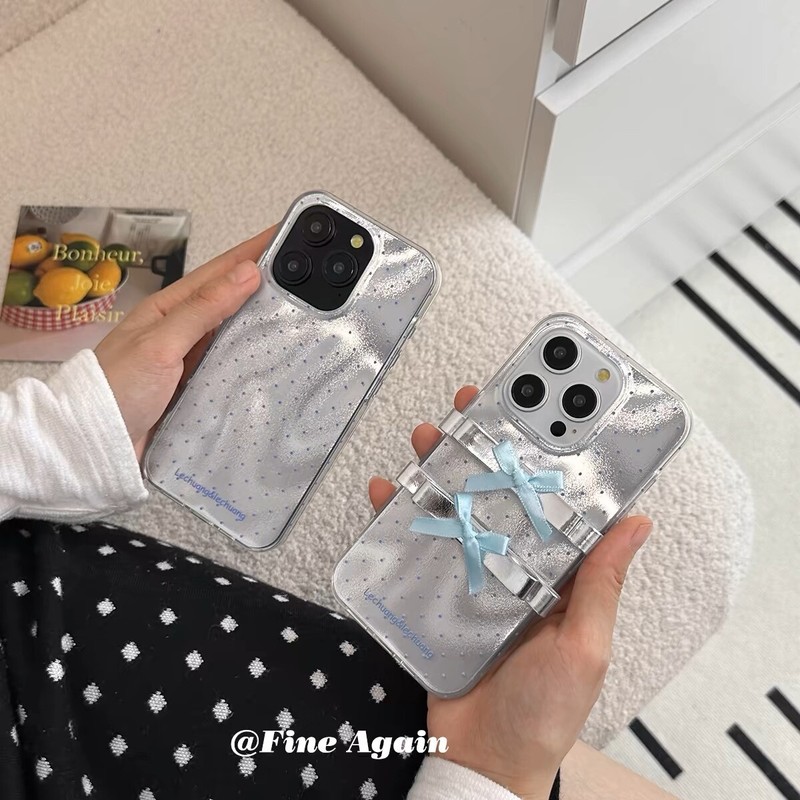Elegant iphone16 case dazzle silver color with black polka dot two 3D bow ribbon