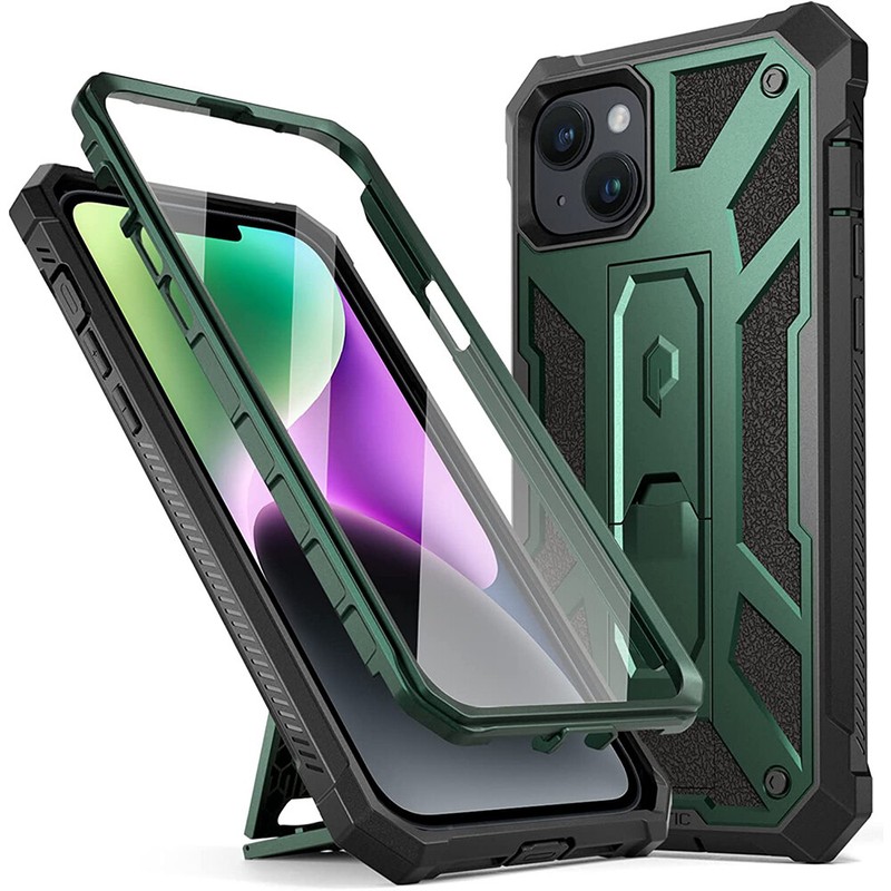 For iPhone 14 Case | Poetic HeavyDuty Rugged Cover with Kickstand Metallic Green