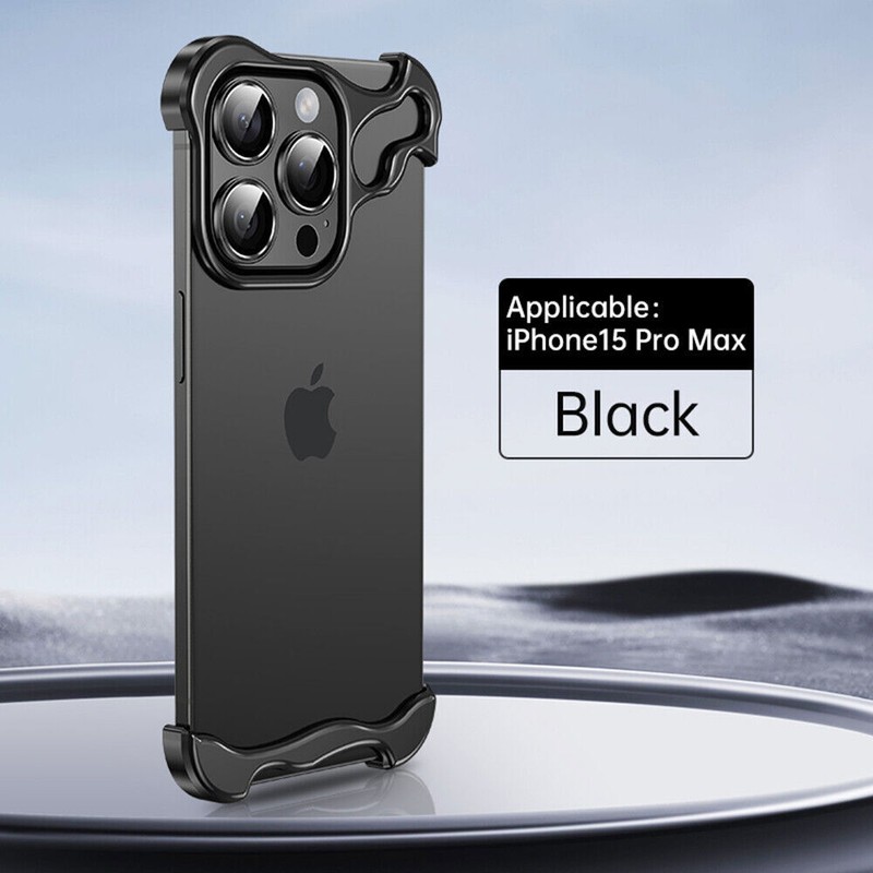 For iPhone 16 15 14 13 Pro Max Metal Aluminum Corner Frameless Cover + Lens Case