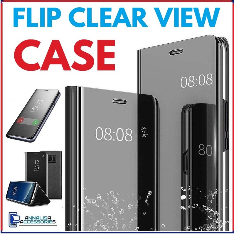 For SAMSUNG GALAXY A01 FLIP CASE SMART BOOK CLEAR VIEW BLACK MIRROR COVER STAND