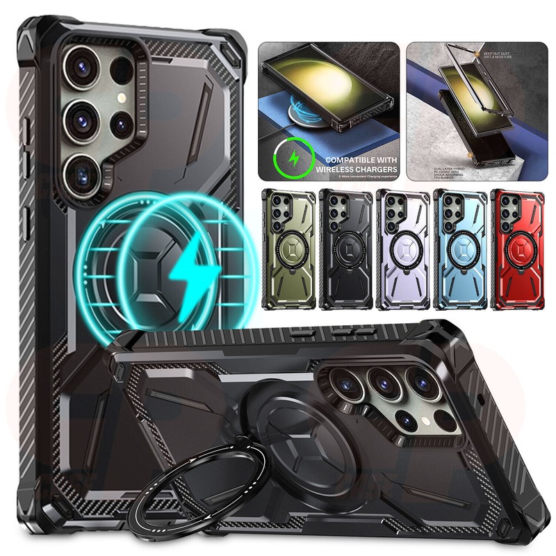 For Samsung S24 Ultra S23 Shockproof Rubber Stand Mag Safe Magnetic Case Cover