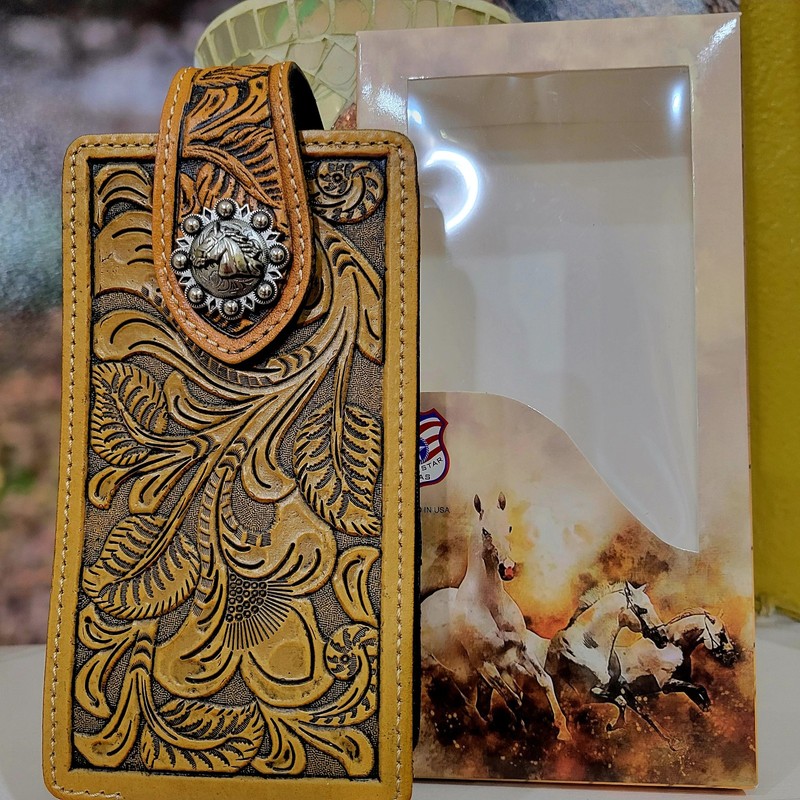 Horse Western Phone Holster Tan Brown Genuine Leather 7''x 3.5 '' In Box gallery
