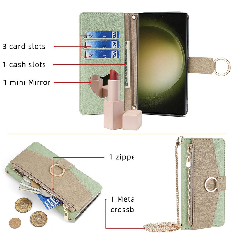 For Samsung S23 Ultra/S22/S21 Metal Crossbody Chain Zipper Wallet Card Slot Case gallery