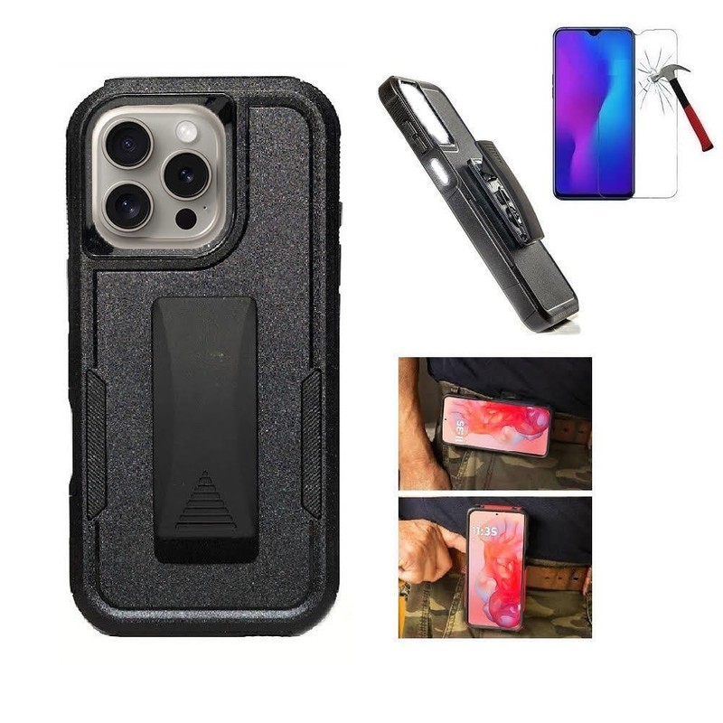 For iPhone 16 Pro Max, 360 Degree Rotating Belt Clip Case + Tempered Glass