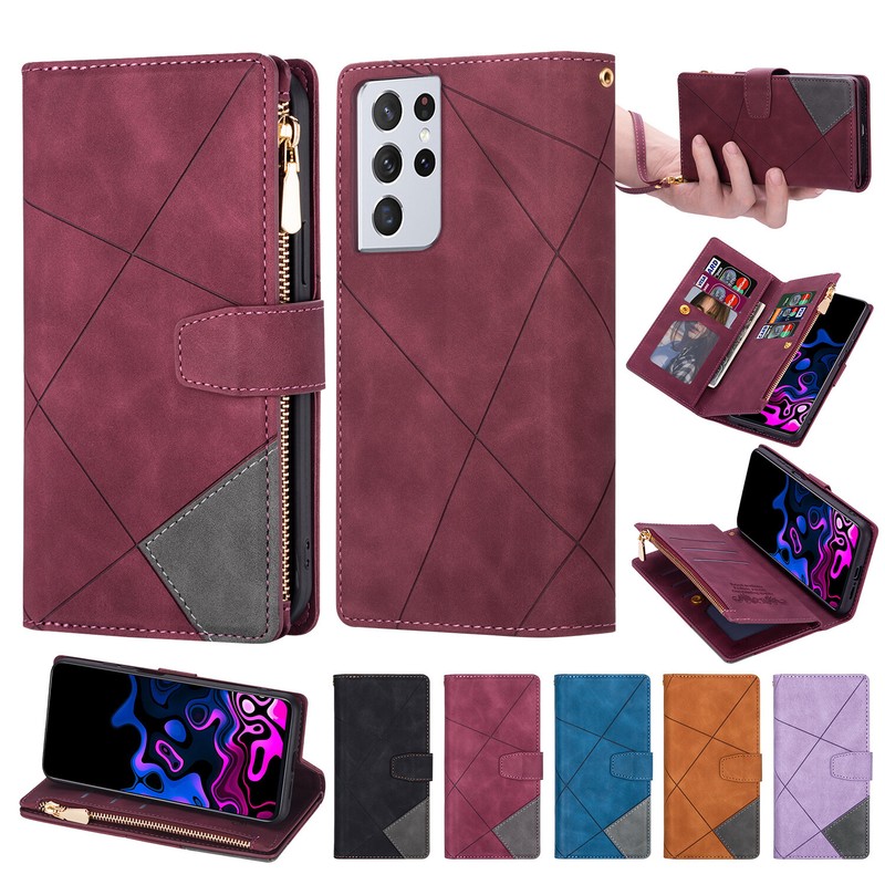 For Samsung S24 Ultra S23 S22 S21 Plus Note 20 Zipper Card Wallet Leather Case
