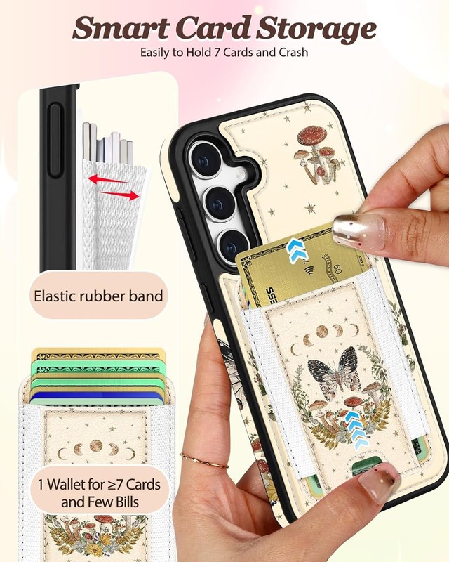 Galaxy A15 5G Beige Butterfly Mushrooms Moon Phases Wallet Case Card Holder gallery