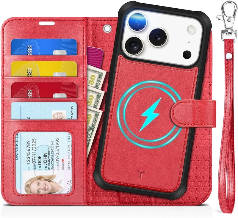 iPhone 17 Pro Red Wallet Case Magnetic Detachable RFID Card Holder Wrist Strap