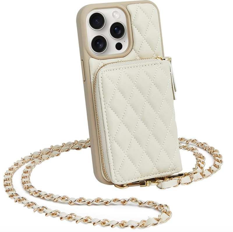 LAMEEKU iPhone 14 Pro Max Crossbody Case Chain Strap Wallet Beige