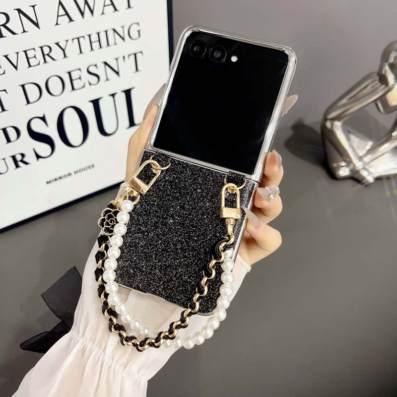 For Samsung Galaxy Z Flip 3/4/5/6/7 Slim PC Case Glitter Cover with Chain Strap