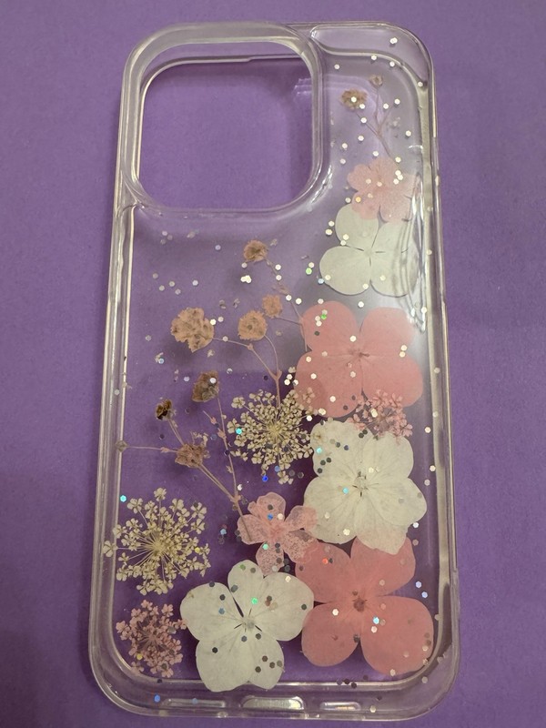 iPhone 15 Pro Case Protective Clear Pink Floral Glitter, TPU Cover, Flowers, New gallery