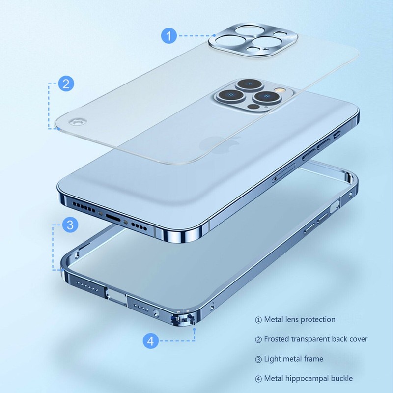 For iPhone 14 Pro Max Plus - Aluminum Metal Bumper Frame Matte Clear Back Case gallery