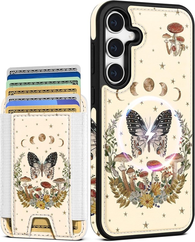 Galaxy A15 5G Beige Butterfly Mushrooms Moon Phases Wallet Case Card Holder