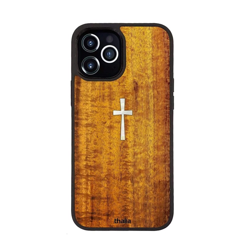 Thalia Hawaiian Koa Wood Case for iPhone 16 Plus | Mother of Pearl Cross