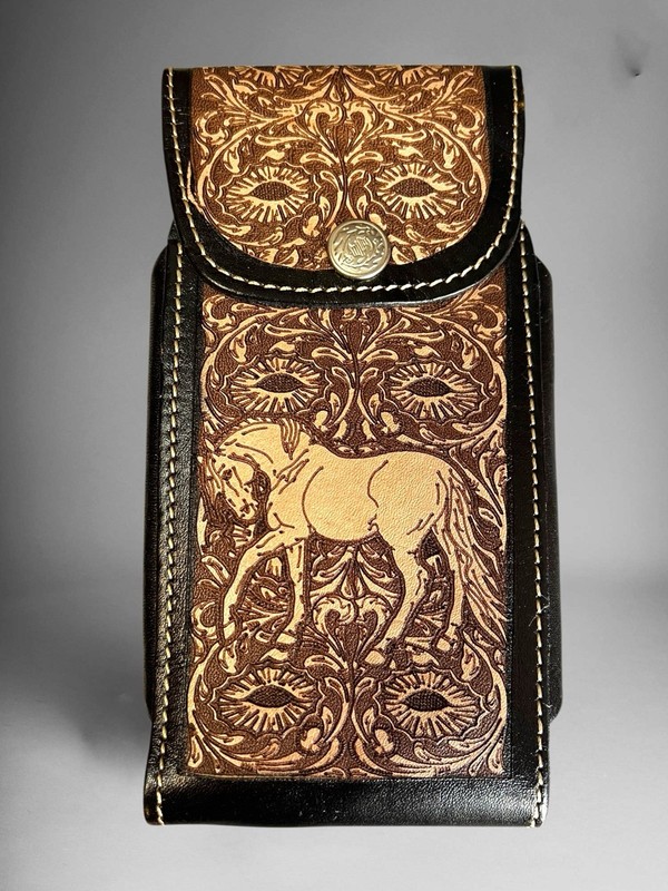 7”HORSE WESTERN LEATHER POUCH BELT LOOP PHONE HOLSTER CASE FUNDA CELULAR CABALLO