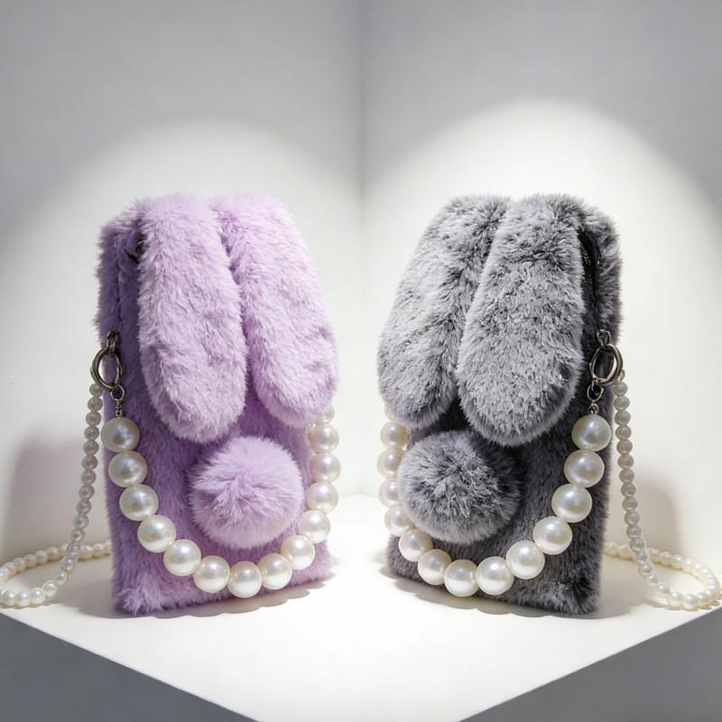 For Moto Case Faux Rabbit Fur Fluffy Soft Warm Women Case + Long Pearls Lanyard gallery