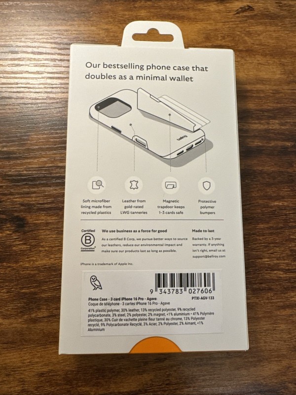 Bellroy 3 Card Leather Phone Case iPhone 16 Pro Agave Green Wallet NEW Sealed gallery