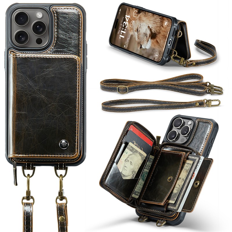 Retro Leather Zipper Wallet Case+Crossbody/Wrist Strap for iPhone 16 16 Pro Max