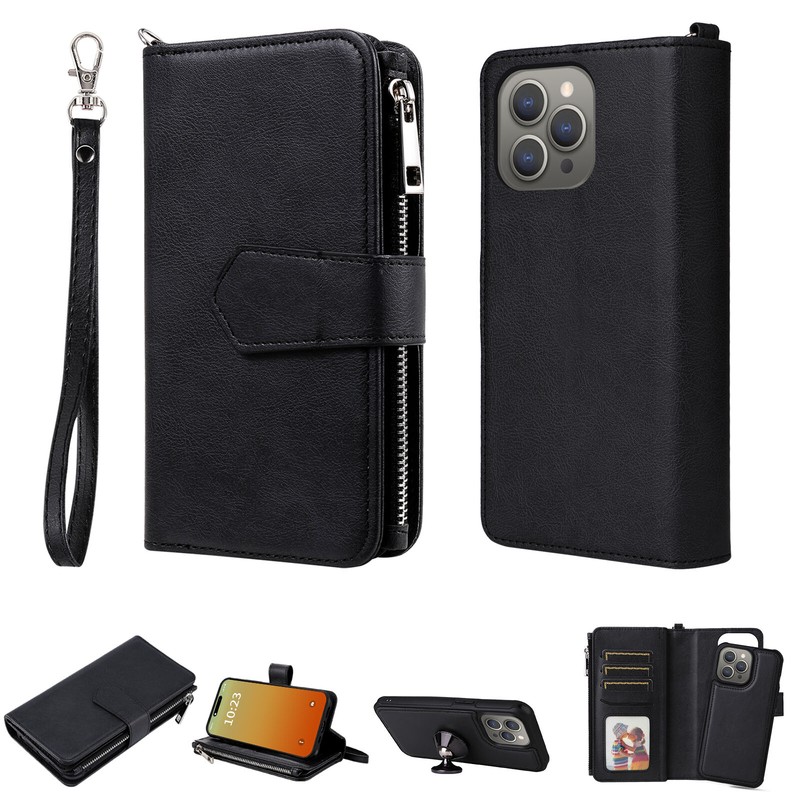For iPhone 16 Pro Max/15/14/13/12 Magnetic Detachable Zipper Wallet Flip Case
