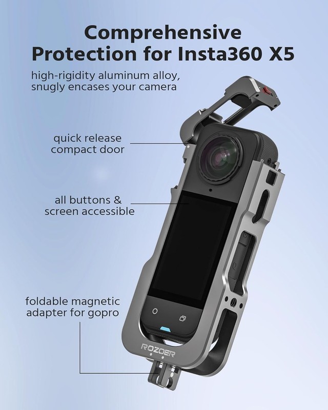 Aluminum Camera Cage | Insta360 X5 GoPro Cold Shoe 1/4”-20 Thread Lens Cover gallery