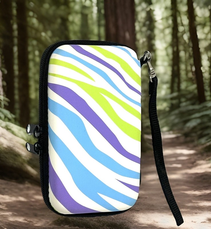 TECH Case Wristlet 6″ Inch Hard Shell Case With Purple Green & Blue Zebra Print!