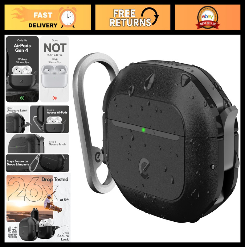 Waterproof AirPods 4 Case Cover – Rugged Hard Shell with Keychain & Carabiner