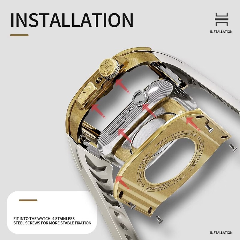 Stainless Steel Mod Kit Bezel Case Fit Apple Watch 9 8 6 44/45mm Silicone Band gallery